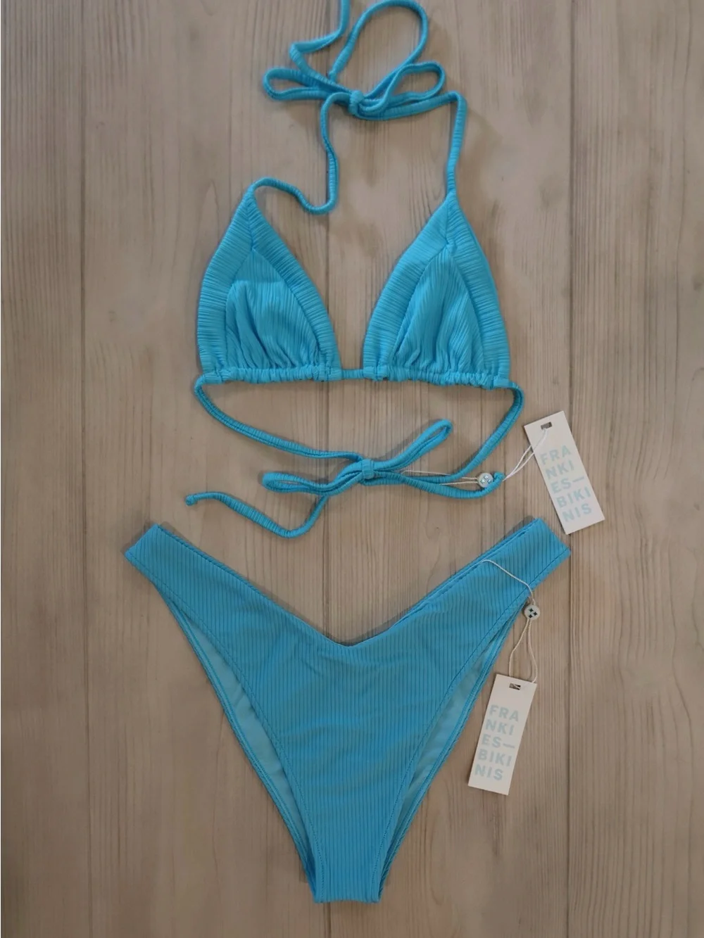 Frankies Bikinis Turquoise Ribbed Triangle Bikini Enzo Bottom Sky Plisse Top